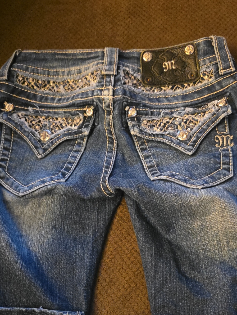 Miss Me Women's Blue Denim Jeans with Lace & Rhinestone Back Pockets